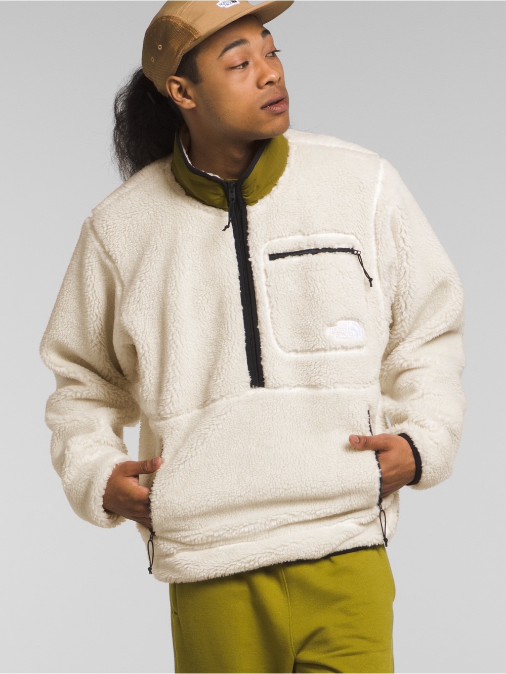 The North Face White Sherpa Half-Zip Fleece with Olive Trim